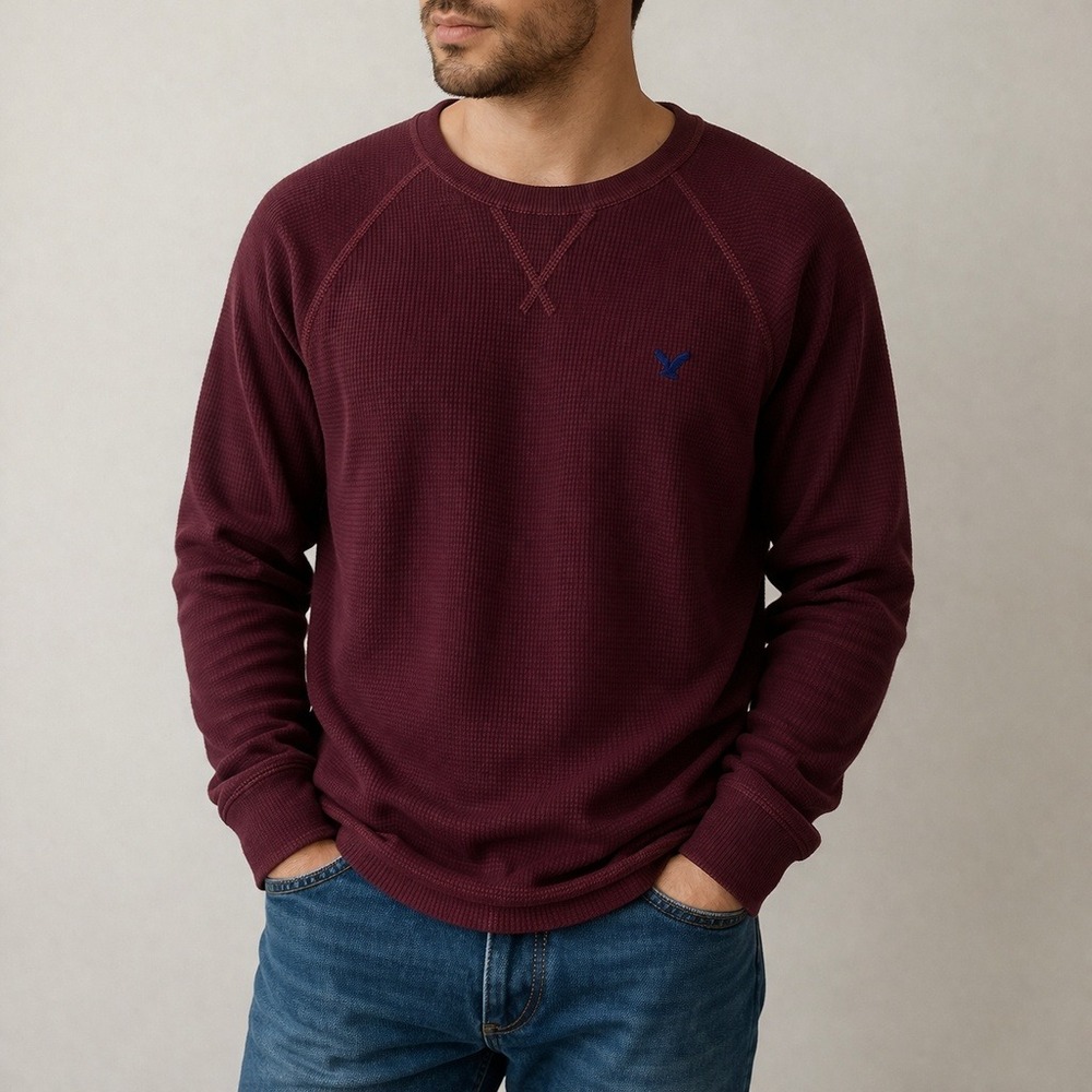 American Eagle Thermal Shirt Mens XXL Burgundy Waffle Knit Long Sleeve‎